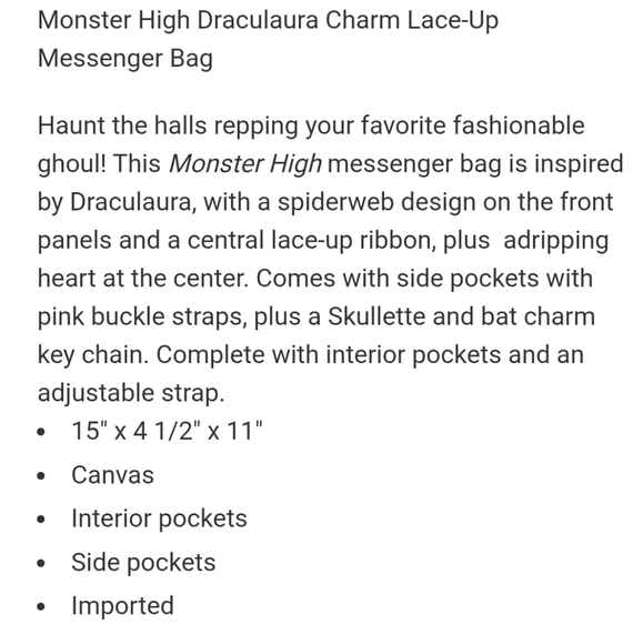 Monster High Draculaura Lace Up Messenger Bag - Picture 10 of 10